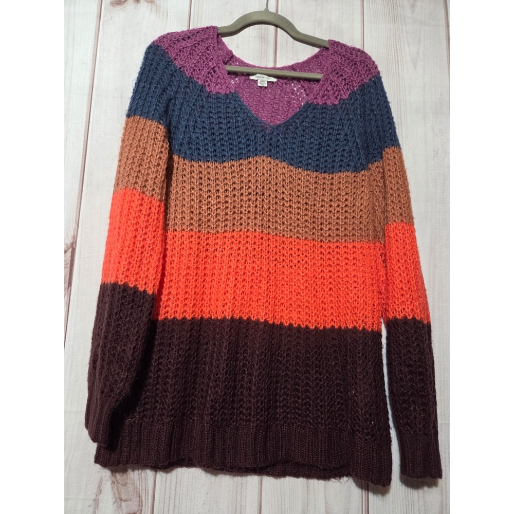American Eagle Knit V-Neck Sweater Womens Med Multicolor Fuzzy Soft Orange Tan